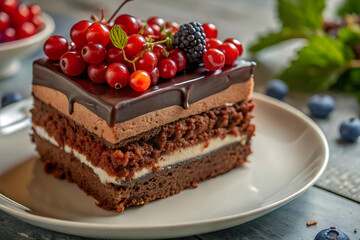 Indulgent Chocolate Cake: A Slice of Heaven with Cream Filling and Fresh Fruit Toppings.