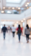 Blurred Mall Scene: People Walking, Shopping Center Ambience, Modern Interior, Lights, Retail Space, Abstract Image