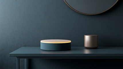 Anti-aging skincare product bottle with soft lighting, placed on vanity table with elegant decor