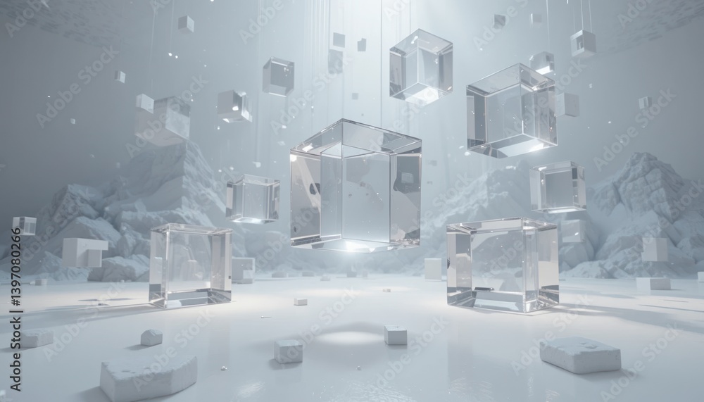 Poster dynamic floating ice cube installation modern art gallery digital art minimalist environment abstrac