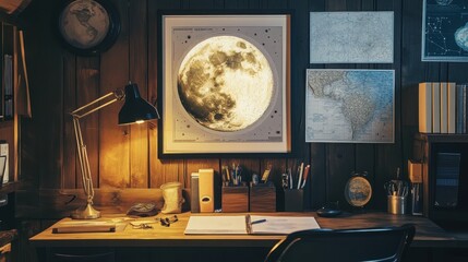Cozy Home Office with Moon Diagram and Vintage Maps on Wall