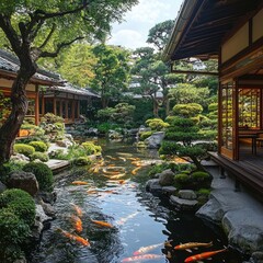Fototapeta premium Traditional Japanese garden with koi pond, manicured trees, stone paths, and wooden buildings surrounded by lush greenery. Generative by AI.
