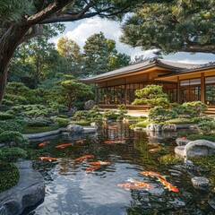 Obraz premium Traditional Japanese garden with koi pond, manicured trees, stone paths, and wooden buildings surrounded by lush greenery. Generative by AI.