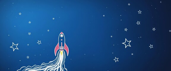 Hand-drawn rocket and star sketches on a dark blue cosmic background with copy space, constellation, template