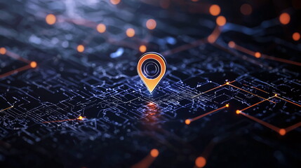 Futuristic Location Pin on Digital Network Map with Glowing Orange Elements