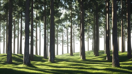 Majestic Tall Trees in a Tranquil Alpine Forest Scene