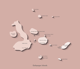 Vector simplified illustration icon with beige gradient silhouette of Galapagos Islands map (part of Ecuador). Names of the island and main cities. Brown background