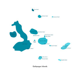 Vector isolated simplified illustration icon with blue gradient silhouette of Galapagos Islands map (part of Ecuador). Names of the island and main cities. White background