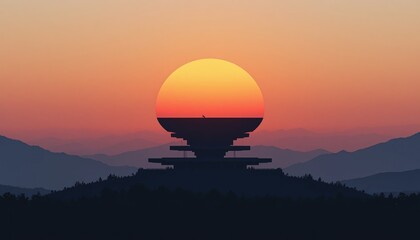 Obraz premium Sunset silhouette of ancient architecture mountain landscape digital art tranquil environment wide-angle view serenity and reflection