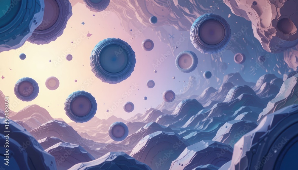 Poster exploring celestial environments cosmic scene of floating spheres in a surreal landscape digital art