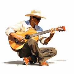 A low-poly stylized illustration depicts a male musician seated, wea a hat and sunglasses, skillfully playing an acoustic guitar with focused concentration, creating a vibrant