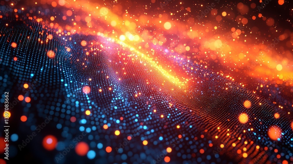 Aufkleber glowing particles flow in a dynamic wave pattern, blending orange and blue hues with depth