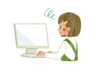 困った表情でパソコンを使っているエプロンを着用した女性-ガッシュ