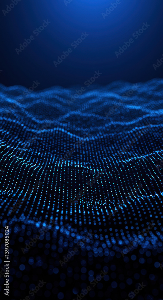 Poster abstract blue data wave: modern technology background with glowing particles & digital network desig