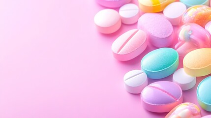 Obraz premium Colorful Assortment of Candy-Like Pills on Soft Pink Background