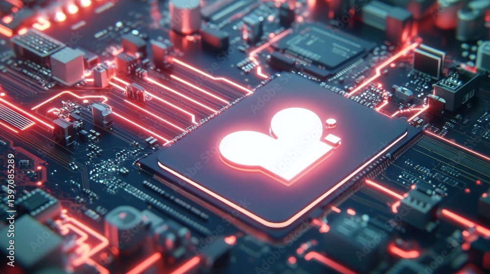 Poster social media technology concept with like symbol on a microchip. white neon data flows between the c