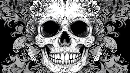 Fototapeta premium Black and white skull in intricate detail, showcasing contrast and texture. illustration