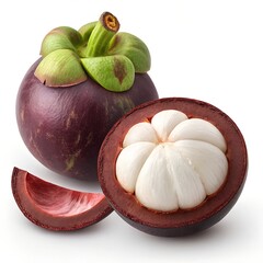 Mangosteen exotic tropical fruit, deep purple rind with green calyx, whole and halved fruits showing soft white segmented flesh, realistic botanical close-up, 