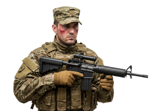 Isolated Soldier with Gun and Scars Looking