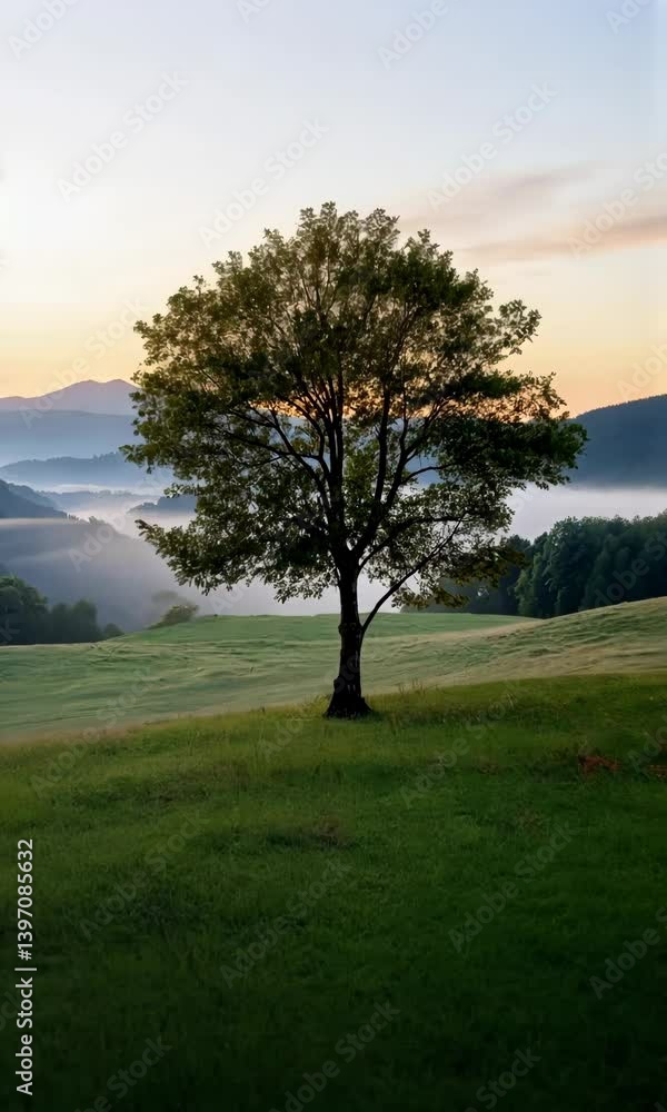 Poster a tree stands in a field with a beautiful view of the mountains in the background. the sky is a mix 