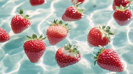Fresh Red Strawberries Floating in Bright Blue Water Pool
