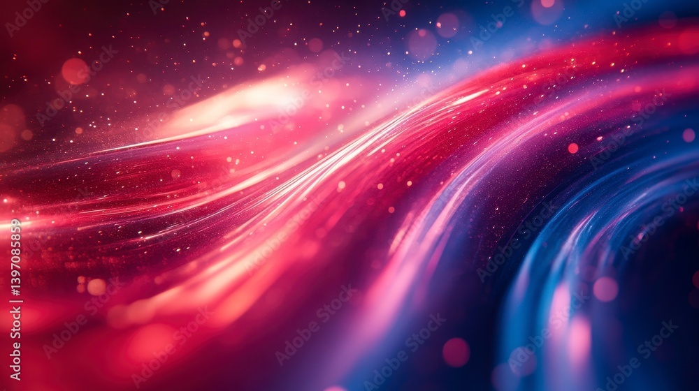 Poster swirling red and blue lights with bokeh and sparkling particles