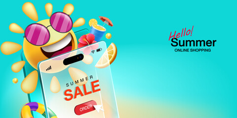 Hello Summer Sale Banner with Smiley Emoji and Smartphone for Online Shopping