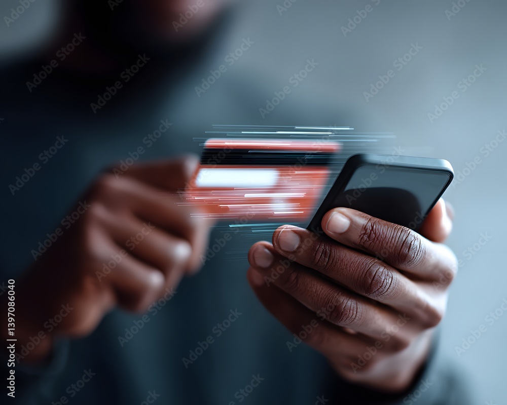Poster secure digital transaction between a customer and vendor using mobile payment, futuristic interface 