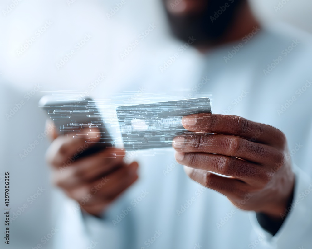 Poster secure digital transaction between a customer and vendor using mobile payment, futuristic interface 