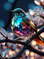 Iridescent Crystal Robin Sculpture on Branch Symbol of Spring and Good Luck with Glittering Particles Vibrant Background