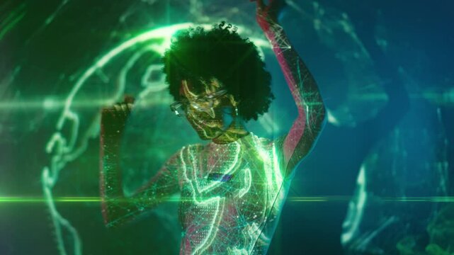 Stylish young woman dancing to music against futuristic projection, digital art