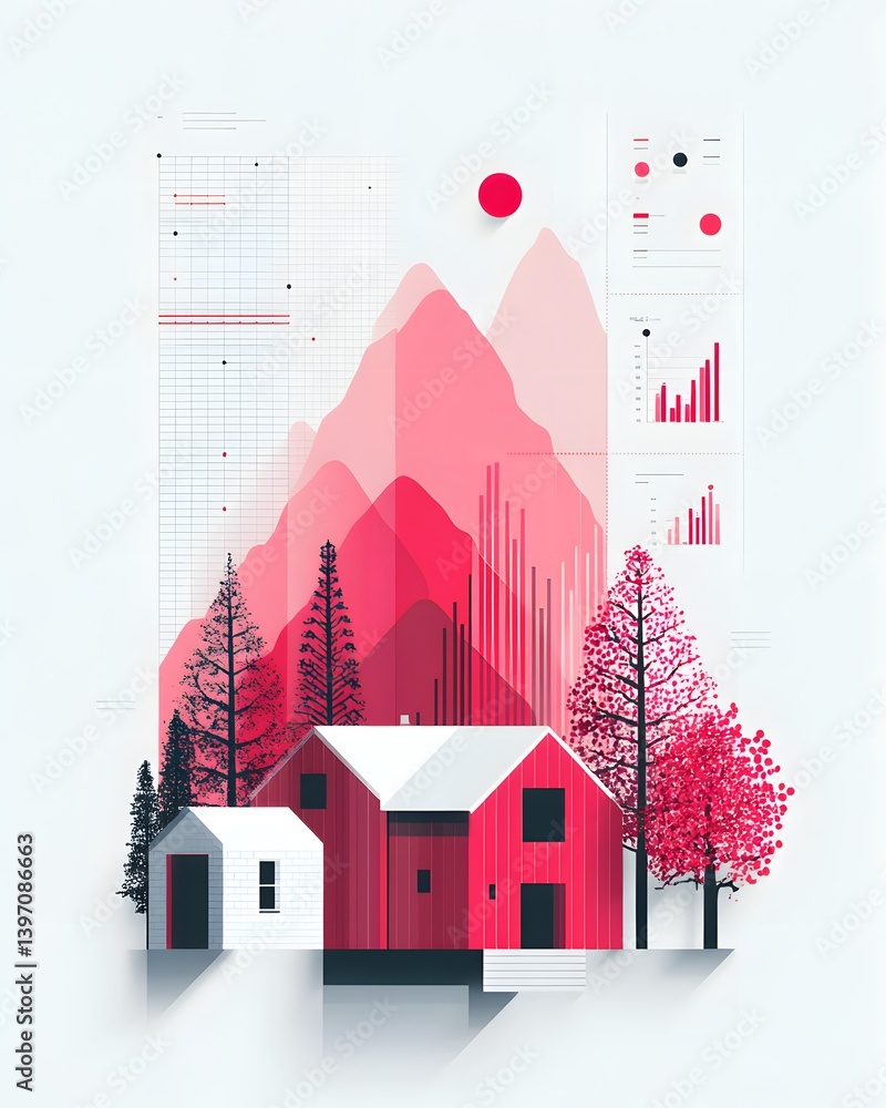 Poster a village map overlayed with icons showing access to financial services, visual data concept, infogr