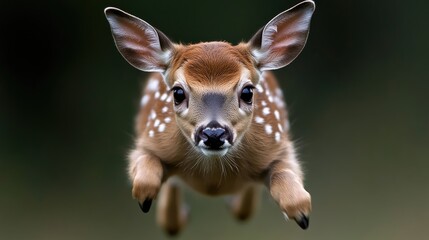 A fawn leaps in mid-air, eyes locked on the viewer.  Its spotted coat and alert expression evoke a sense of wonder and innocent energy
