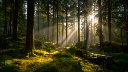 朝日の差す幻想的な森