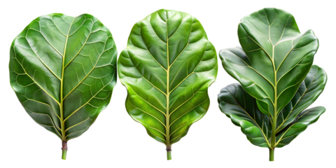 Three isolated fiddle leaf fig leaves against a transparent background view
