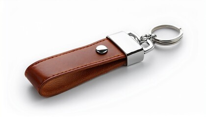 brown leather keychain on white background