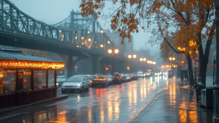 Obraz premium Rainy City Street at Dusk with Bridge and Warm Lights