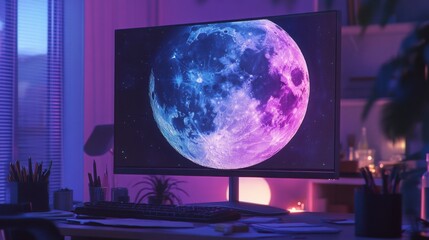Vibrant Moon Display on Computer Screen in Cozy Workspace Setup