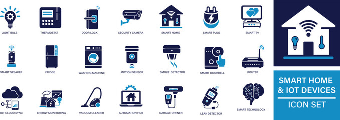 Smart Home and IoT Devices Icon Set . , security system, smart plug, smart doorbell, smart thermostat, smart camera, smart speaker  You can easily change the color.