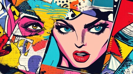 Bright pop art collage with various comic style elements illustration