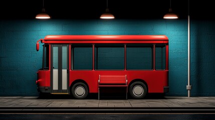 Red Bus at Night Bus Stop with Teal Wall and Dim Lighting