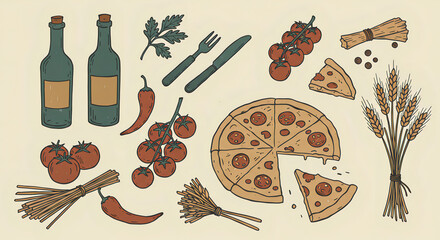 Illustration of traditional Italian elements — pizza, wine, olive oil, pasta, tomato, basil, cheese, and Italian flag on a white background