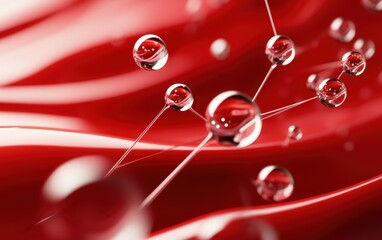 Obraz premium Scientific close-up of liquid molecular structures with air bubbles suspended in a red solution, emphasizing advancements in nanotechnology and bioengineering., copy space for text