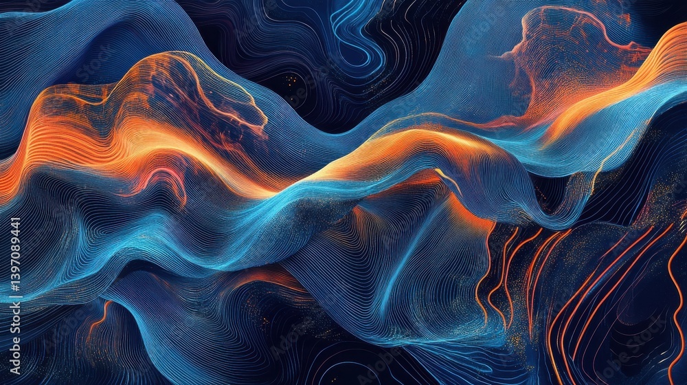 Poster a vibrant visualization of digital data streams, showcasing blue and orange patterns against a dark 