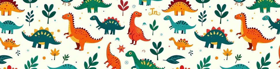 Whimsical seamless pattern with adorable dinosaurs, wallpaper, cartoon, cheerful