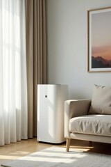 White air purifier blending seamlessly in minimalist living room decor, room, interior, cozy