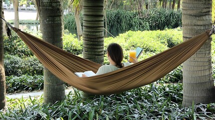 A hammock swaying gently between coconut trees, with a woman reading a book and drinking a tropical fruit juice