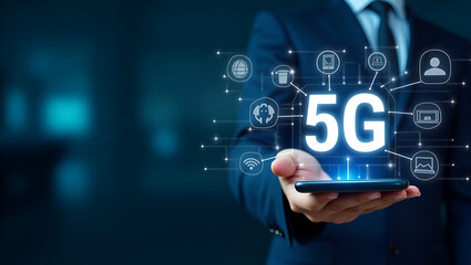 Cutting Edge 5G Communication System Mockup: Seamless Data Transmission & Robust Digital Connectivity for Modern Enterprises - Photo Stock Concept with Left Space