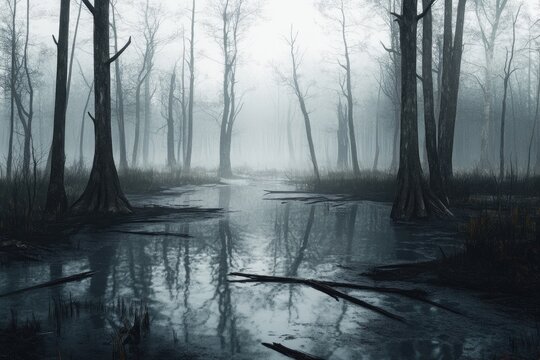 A misty, eerie swamp forest scene reflects in the still water.