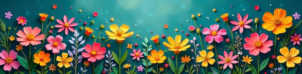 Obraz premium Abstract composition of various wildflowers and foliage in closeup, flowers, foliage, closeup